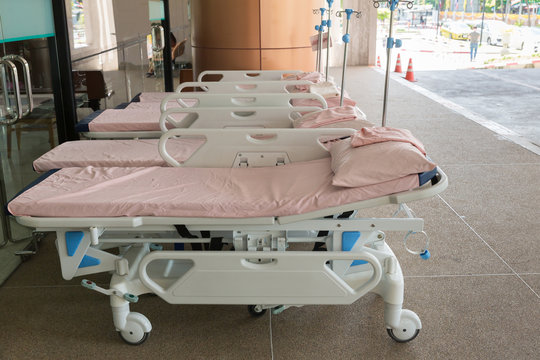 Empty bed in the hospital  Emergency department . Deluxe private ward. equipped hospital room. image for illustration, article, copy space.Medical Benefits. Reimbursement and Medical expenses.