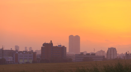 Fototapeta na wymiar Golden sunset over a tall city buildings