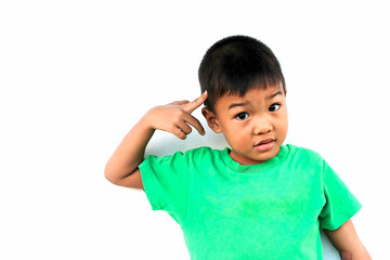 Emotions and expressions of the boy's feelings concept. Asian child boy feel doubt and stressed. He wearing a green shirt on white background. His hand touching his head.