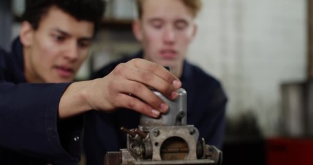 4K Embarrassed apprentice mechanics in garage workshop messing up engine repair & walking away