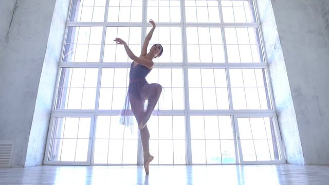 The beautiful girl in a tutu poses for the camera at ballet school. Russian ballet. School of the ballet in Russia. The girl the ballerina in a beautiful suit. Beautiful expressive bellet dancer