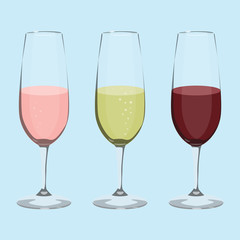 Glass with wine. Pink, white, red wine. Abstract concept, icon set.