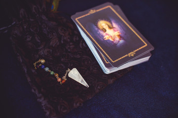 Europe, Ukraine. Kiev July 17: Illustrative Editorial. Mystical atmosphere, view of tarot card on the table, esoteric concept, fortune telling and predictions 