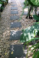 Blurred image of bricks pathways with stone and tree in the park or in the house area, Outdoors landscape garden, Vertical