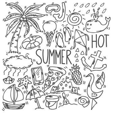 Set of summer sketch, doodles, drawings