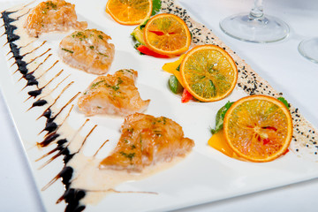 Baked Salmon With Caramelized Orange Zucchini And Bell Pepper