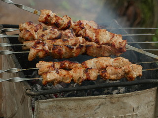 cooking meat on skewers over hot coals close to