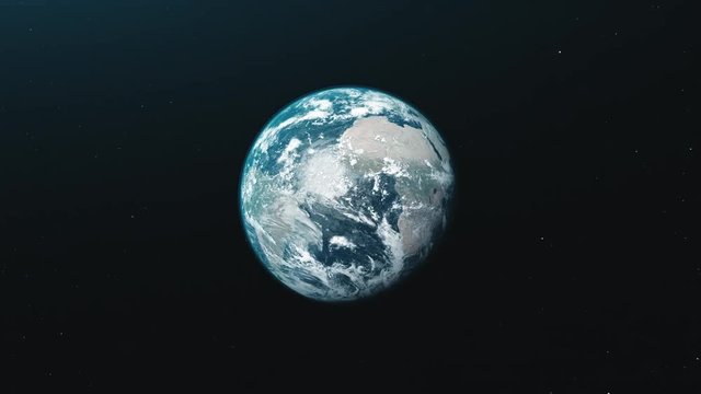 motion graph half lit blue white planet Earth rotating about axis approaches and moves away in black space. 3d animation. Science and technology concept. 4K. Elements of this media furnished by NASA