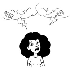 a woman who looks scared into the clouds, because it flashes and thunders. scribble, outline, comic, ink, sketch, doodle, vector, illustration, line, cartoon, black, white, drawing, stroke.