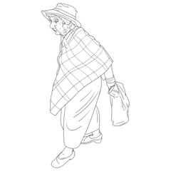 Drawing of a very old woman with a poncho and a hat, who is carrying and walking a grocery bag. scribble, outline, comic, ink, sketch, doodle, vector, illustration, line, cartoon, black, white.