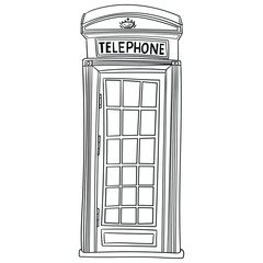 Hand drawn vector illustration of an old London telephone box from the front. scribble, outline, comic, ink, sketch, doodle, vector, illustration, line, cartoon, black, white, drawing, stroke,