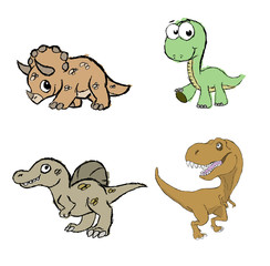 Hand made illustration of four dinosaurs for children.Triceratops,brontosaurus, spinosaurus and tyrannosaurus rex