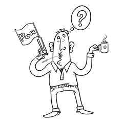 Hand-drawn vector illustration of a funny man holding a cup of coffee in hand and having a question mark over his head. he has a pistol in his hand, from which a flag with the word pow hangs. scribble