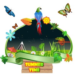 Summer time composition, monkey, parrot, butterflies, birds and iscects, nature vector