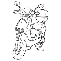 Hand drawn vector illustration of a scooter in black and white from the front. outline, comic, ink, sketch, doodle, vector, illustration, line, black, white.