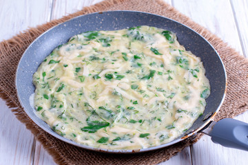 Frying pan with tasty thin pancakes with greens