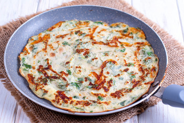Frying pan with tasty thin pancakes with greens
