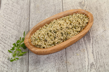 Peeled hemp seeds in the bowl