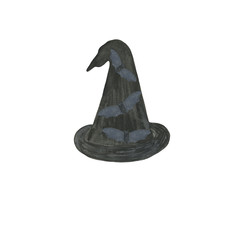 A cute fancy  black hat of a witch with dark-grey bats, isolated object on the white background, clipart useful for halloween party decoration