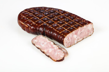 Tasty meat sausages over white background