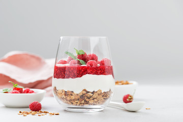 Raspberry dessert, cheesecake, trifle, mouse in a glass.