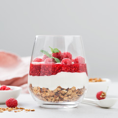 Raspberry dessert, cheesecake, trifle, mouse in a glass.