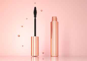 Opened realistic mascara tube on pedestal. Mascara close up 3d illustration