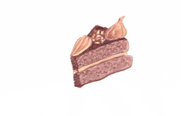 Drawing with watercolors: a piece of chocolate cake with meringue on top.