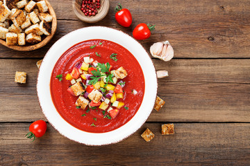 Tasty  summer tomato soup puree gazpacho with tomatoes and cucumbers.