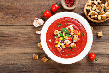 Tasty  summer tomato soup puree gazpacho with tomatoes and cucumbers.