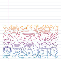 Vector set of space elements icons in doodle style. Painted, colorful, pictures on a piece of paper on white background. Drawing on exercise notebook in colorful gradient style.