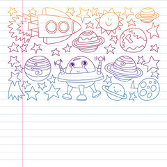 Vector set of space elements icons in doodle style. Painted, colorful, pictures on a piece of paper on white background. Drawing on exercise notebook in colorful gradient style.
