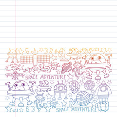 Vector set of space elements icons in doodle style. Painted, colorful, pictures on a piece of paper on white background. Drawing on exercise notebook in colorful gradient style.