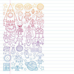 Fototapeta na wymiar Vector set of space elements icons in doodle style. Painted, colorful, pictures on a piece of paper on white background. Drawing on exercise notebook in colorful gradient style.