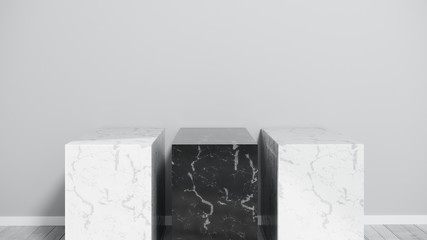 Marble podium, stand in interior for advertising goods, shoes, bags. Simple and stylish mock up for the presentation of products - the trend. Abstract bright composition - 3D render, illustration.