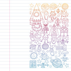 Vector set of space elements icons in doodle style. Painted, colorful, pictures on a piece of paper on white background. Drawing on exercise notebook in colorful gradient style.