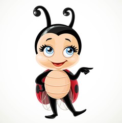 Cute cartoon little ladybug pointed aside and stand on a white background © Azuzl