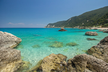Fototapeta na wymiar Turquoise beautiful beaches of Lefkada island, Agios Nikitas village