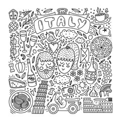 Hand drawn Italy doodle set.