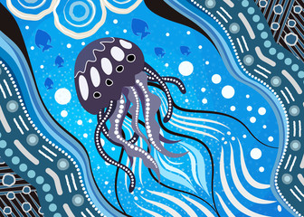 Aboriginal dot art vector background depicting jellyfish © rashmisingh