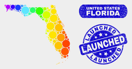 Rainbow colored dot Florida State map and seal stamps. Blue rounded Launched textured stamp. Gradiented spectral Florida State map mosaic of random small spheres.