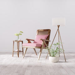 Fototapeta na wymiar Modern vintage interior of living room, Armchair with pink cushion - 3D Rendering