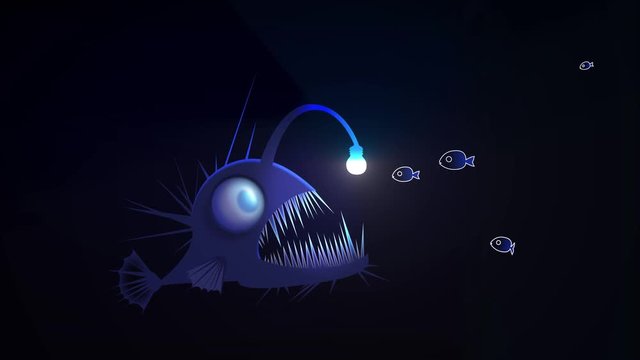 Angler fish using light bulb symbol as a lure. Huge grate big anglerfish character attack school of fish  victim. Cartoon graphic design 2D animation. Alpha channel. Business and strategy concept