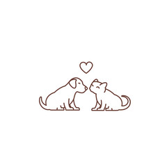 Kitten kisses puppy logo or icon. Friendship of the species. Love and heart. Cat and dog when seated. Outline contour line vector illustration.