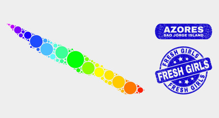 Rainbow colored spotted Sao Jorge Island map and rubber prints. Blue round Fresh Girls grunge stamp. Gradiented spectral Sao Jorge Island map mosaic of random small spheres.