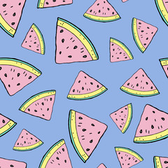 Watermelon slices cartoon hand drawing seamless pattern doodles style. Summer watermelon background. Design for fabrics, textiles, paper and greeting cards.