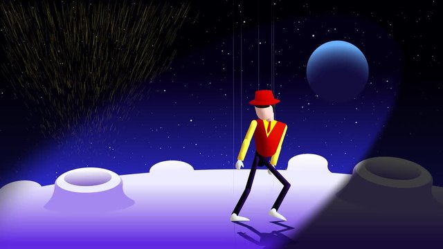 Puppeteer 1.Show on moon. Vivid marionette dancer on strings performs moonwalk dance moves multiple times seamless loop in front of starburst. Alpha channel. Long shot. Just add music