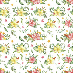 Fototapeta na wymiar Watercolor seamless pattern with bouquets of tropical flowers, leaves and plants. Texture for wallpaper, packaging, fabric, wedding design, prints, textiles, scrapbooking, birthday, cover design.