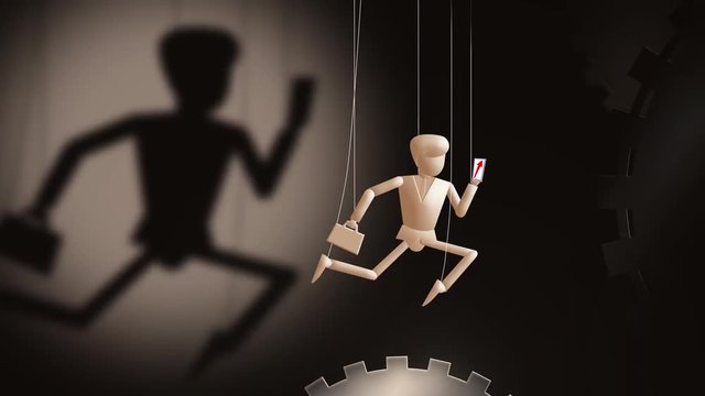 Puppeteer. Wooden Marionette businessman with case and smartphone on strings runs and turn gear. Infinitely  running loop puppet cast shadow against a dark machinery background. layered 2D animation