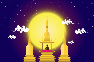 Golden buddha in castle with the moon night in flat design, Buddhist days make up a number of the public holidays on the Thai calendar, and among them is Makha Bucha Da